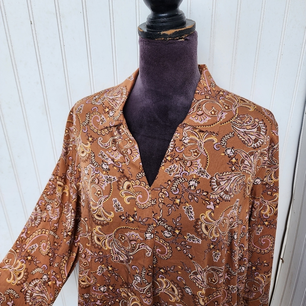 NWT $99 J Jill Paisley Print Blouse V-Neck Long Sleeve Tunic Top Brown Size M - Picture 3 of 14